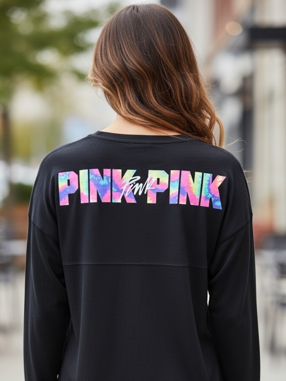 VICTORIA'S SECRET PINK VARSITY CREW LONG SLEEVE 2016  BLACK/MULTI  M